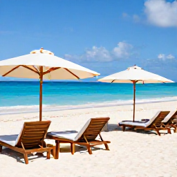 Caribbean Holidays, Luxury Bahamas January, Luxury beachfront resort on a bright January morning in The Bahamas, turquoise sea, white sand and elegant sun loungers