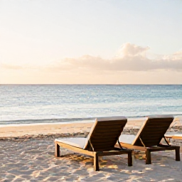 Caribbean Holidays, Luxury Bahamas January, Peaceful white-sand Bahamian beach in January with luxury sun loungers, calm sea and soft morning light