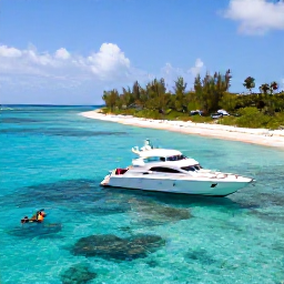 Caribbean Holidays, Luxury Bahamas January, Private yacht cruising through clear Bahamian waters in January, snorkellers near a coral reef and unspoilt island coastline