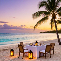Caribbean Holidays, Luxury Bahamas January, Romantic beachfront dinner in The Bahamas at sunset, elegantly set table, lanterns, palm trees and calm turquoise sea