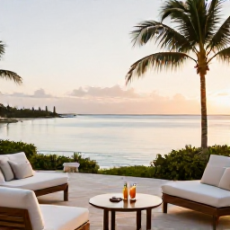 Caribbean Holidays, Luxury Bahamas May, Elegant luxury resort terrace overlooking a calm Bahamian lagoon, with cocktails, palm trees and soft evening light