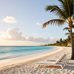 Caribbean Holidays, Luxury Bahamas May, Luxury beachfront resort in the Bahamas at sunrise in May, turquoise sea, white sand, palm trees and elegant loungers