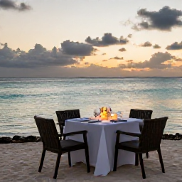 Caribbean Holidays, Luxury Bahamas May, Romantic beachfront dinner in the Bahamas at sunset in May, candlelit table, calm sea and elegant resort setting