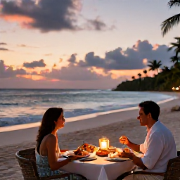 Caribbean Holidays, Luxury Beach Holidays, A couple dining at a candlelit table beside a Caribbean beach at sunset, with fresh seafood and tropical scenery