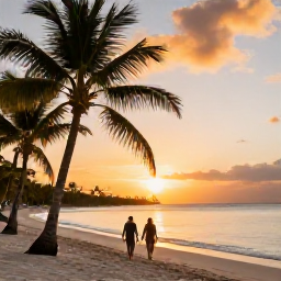 Caribbean Holidays, Luxury Beach Holidays, A dramatic Caribbean sunset over calm sea, with a couple walking along a quiet beach beside palm trees