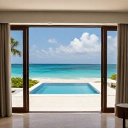 Caribbean Holidays, Luxury Beach Holidays, An elegant Caribbean resort suite with open doors onto a private terrace, ocean views, neutral furnishings and a plunge pool