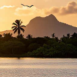 Caribbean Holidays, Luxury Birdwatching, Caribbean wetland and forest landscape at sunset with silhouettes of tropical birds, calm water and distant mountains
