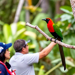 Caribbean Holidays, Luxury Birdwatching, Expert Caribbean birdwatching guide pointing out a colourful tropical bird in lush rainforest to a small group of travellers