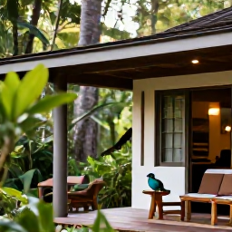 Caribbean Holidays, Luxury Birdwatching, Luxury Caribbean birdwatching lodge surrounded by tropical forest, comfortable terrace, early morning light and colourful native birds