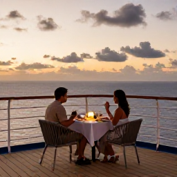 Caribbean Holidays, Luxury Caribbean Cruises, Couple enjoying a sunset dinner on a luxury cruise ship terrace overlooking the Caribbean horizon