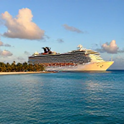 Caribbean Holidays, Luxury Caribbean Cruises, Elegant luxury cruise ship sailing through clear turquoise Caribbean waters beside a palm-fringed island at golden hour