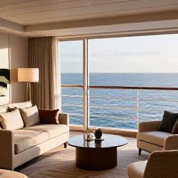 Caribbean Holidays, Luxury Caribbean Cruises, Luxurious cruise ship balcony suite overlooking a calm Caribbean sea, with elegant furnishings and soft morning light