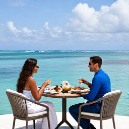 Caribbean Holidays, Luxury Caribbean Holidays, A couple enjoying breakfast on a private sea-view terrace at a luxury Caribbean resort