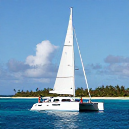 Caribbean Holidays, Luxury Caribbean Holidays, A couple sailing on a catamaran across calm Caribbean waters with a tropical island in the background
