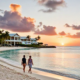 Caribbean Holidays, Luxury Caribbean Holidays, A luxurious beachfront resort in the Caribbean at sunset, with a couple walking beside calm turquoise water