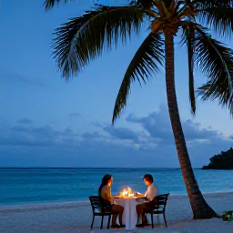 Caribbean Holidays, Luxury Caribbean Holidays, A romantic candlelit dinner for two on a Caribbean beach beneath palm trees and a clear evening sky