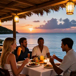 Caribbean Holidays, Luxury Caribbean Holidays, Caribbean travellers dining beside the sea at a relaxed local restaurant, colourful dishes, lanterns and sunset sky