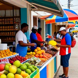 Caribbean Holidays, Luxury Caribbean Holidays, Colourful Caribbean market street with local crafts, spices, tropical fruit and friendly vendors in warm daylight