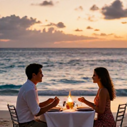 Caribbean Holidays, Luxury Caribbean Holidays, Couple enjoying a candlelit dinner beside the Caribbean sea, elegant table setting, sunset sky and gentle waves