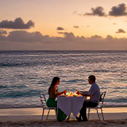 Caribbean Holidays, Luxury Caribbean Holidays, Couple enjoying a private candlelit dinner on a Caribbean beach at sunset, gentle waves and elegant table setting