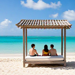 Caribbean Holidays, Luxury Caribbean Holidays, Couple enjoying a private Caribbean beach with a shaded cabana, calm turquoise water and tropical sunshine