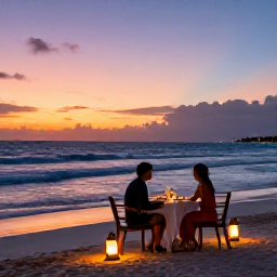 Caribbean Holidays, Luxury Caribbean Holidays, Couple enjoying a private sunset dinner on a Caribbean beach, with lanterns, gentle waves and a colourful evening sky