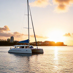 Caribbean Holidays, Luxury Caribbean Holidays, Couple enjoying a sunset catamaran cruise on calm Caribbean waters with a luxury resort in the background