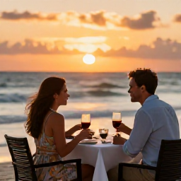 Caribbean Holidays, Luxury Caribbean Holidays, Couple enjoying a sunset dinner at an elegant Caribbean beachfront restaurant