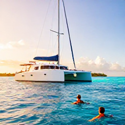 Caribbean Holidays, Luxury Caribbean Holidays, Couple sailing on a private catamaran beside a Caribbean island, snorkelling in clear water and golden afternoon light