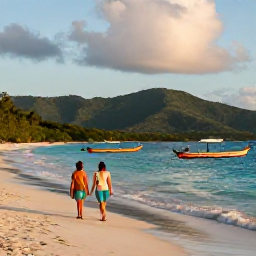 Caribbean Holidays, Luxury Caribbean Holidays, Couple walking beside a quiet Caribbean beach at golden hour, with colourful fishing boats and green hills in the distance