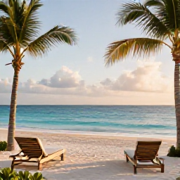 Caribbean Holidays, Luxury Caribbean Holidays, Elegant adults-only beachfront resort in the Caribbean at golden hour, with a calm turquoise sea, palm trees and stylish loungers