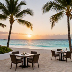 Caribbean Holidays, Luxury Caribbean Holidays, Elegant beachfront resort at sunset on a Caribbean island, with palm trees, calm turquoise sea and stylish outdoor dining