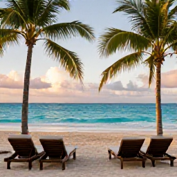 Caribbean Holidays, Luxury Caribbean Holidays, Elegant beachfront resort in the Caribbean at golden hour, turquoise sea, palm trees and comfortable sun loungers