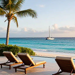 Caribbean Holidays, Luxury Caribbean Holidays, Elegant beachfront resort in the Caribbean at golden hour, turquoise sea, private terrace and comfortable sun loungers