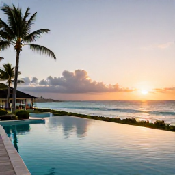 Caribbean Holidays, Luxury Caribbean Holidays, Elegant Caribbean beachfront resort at sunset, infinity pool, palm trees and calm turquoise sea