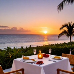 Caribbean Holidays, Luxury Caribbean Holidays, Elegant Caribbean dinner on a private terrace with local seafood, candles and a sunset view over the islands
