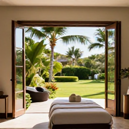 Caribbean Holidays, Luxury Caribbean Holidays, Elegant Caribbean spa beside a tropical garden, treatment room with open windows, natural textures and soft morning light