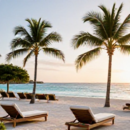 Caribbean Holidays, Luxury Caribbean Holidays, Elegant luxury Caribbean beachfront resort at golden hour, palm trees, calm turquoise sea and stylish loungers