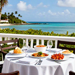 Caribbean Holidays, Luxury Caribbean Holidays, Gourmet Caribbean dinner on an open-air terrace overlooking the sea, fresh seafood and tropical ingredients