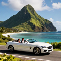 Caribbean Holidays, Luxury Caribbean Holidays, Luxury Caribbean couple exploring a scenic island road, dramatic green hills, bright blue sea and elegant open-top car