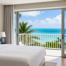 Caribbean Holidays, Luxury Caribbean Holidays, Luxury Caribbean hotel suite with open doors to a private balcony, ocean view, crisp linens and tropical greenery