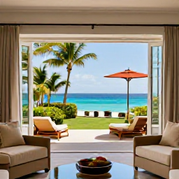 Caribbean Holidays, Luxury Caribbean Holidays, Luxury Caribbean hotel suite with open doors to a sea-view terrace, elegant furnishings and tropical garden