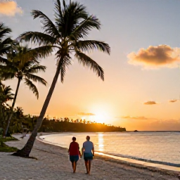 Caribbean Holidays, Luxury Caribbean Holidays, Luxury Caribbean sunset over a calm bay, couple walking along a palm-lined beach with warm golden light
