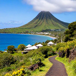 Caribbean Holidays, Luxury Caribbean Holidays, Panoramic view from Saba&rsquo;s mountain trail showing lush volcanic slopes, white cottages and deep blue Caribbean water