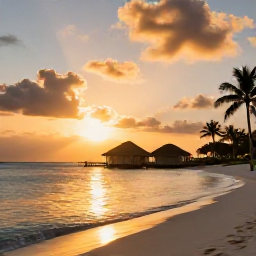 Caribbean Holidays, Luxury Caribbean Holidays, Peaceful Caribbean beach at sunset with a small luxury resort, palm silhouettes and calm reflective water