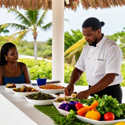 Caribbean Holidays, Luxury Caribbean Holidays, Private Caribbean cooking class on a shaded terrace, with fresh seafood, herbs, colourful vegetables and an island chef