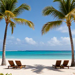 Caribbean Holidays, Luxury Caribbean Holidays, Private luxury Caribbean resort overlooking a calm turquoise sea, white sand beach, palm trees and elegant loungers