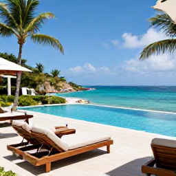 Caribbean Holidays, Luxury Caribbean Holidays, Private luxury villa terrace overlooking a Caribbean bay, with infinity pool, sun loungers and lush tropical gardens