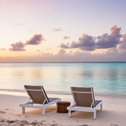 Caribbean Holidays, Luxury Caribbean Holidays, Quiet Caribbean beach at sunrise with two luxury loungers, calm turquoise water and a soft pastel sky