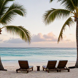 Caribbean Holidays, Luxury Caribbean Holidays, Quiet Caribbean beach with two loungers, soft white sand, palm trees and calm turquoise water in the morning